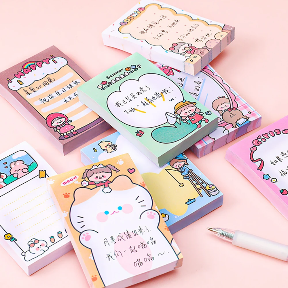 Cute Cartoon Sticky Notes for Girls, Student Notepad, Message Post, Listas de Tarefas, Memo Pads, Papelaria, 80 Sheets