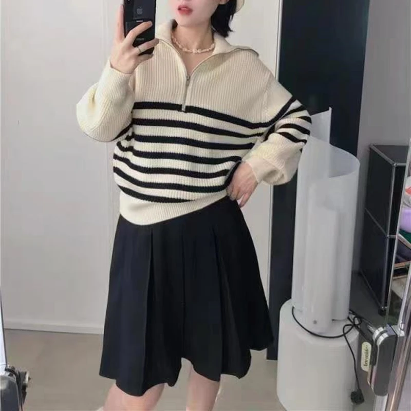 Quarter Zip Collared Striped Sweater Knitted Pullover Women Long Sleeve Breton Striped Jumper Teen Girls Fall Winter Outfit