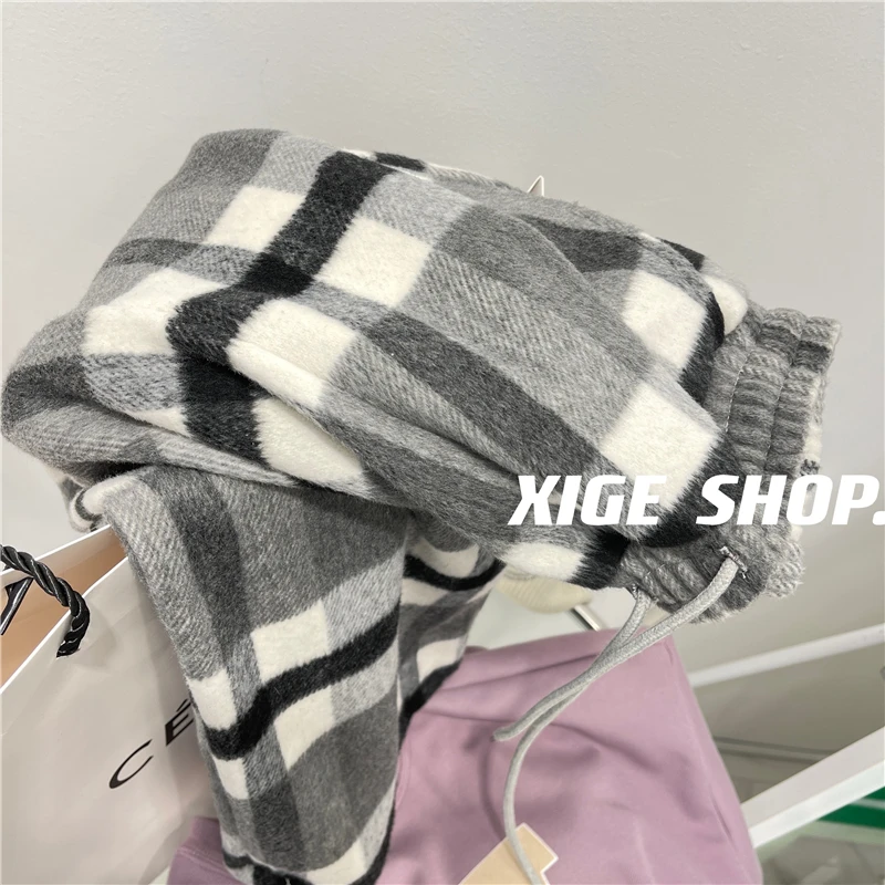 

Женские зимние утепленные брюки в клетку в стиле ретро, широкие, свободные, повседневные, в британском студенческом стиле, длинные, шерстяные, прямые, фасона «труба»