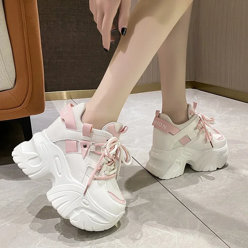 10.5CM Women Platform Sneakers Lace-up Autumn Sports Dad Shoes High Top Chunky Casual Shoes Woman Thick Bottom Mesh White Shoes