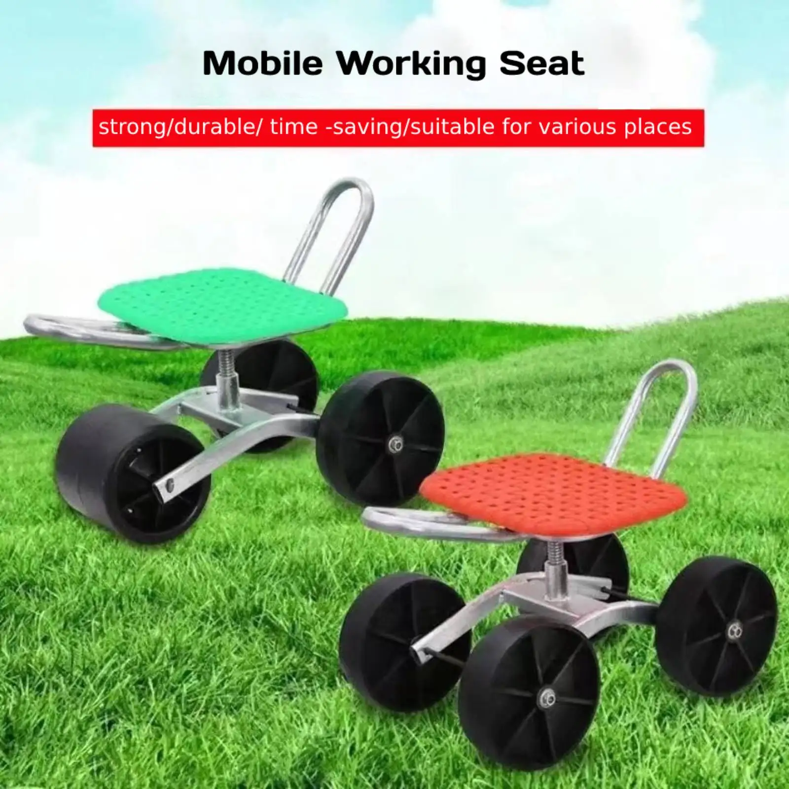 Adjustable Swivel 360° Rotating Working Seat Garden Trolley Rolling Rolling Stool Seat for Garden Greenhouse Lawns Yards