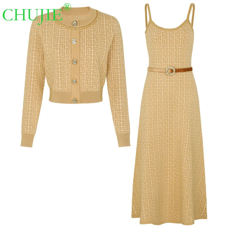 CHUJIE 2025 Frühling Und Herbst Neue Stil Modische Gestrickte frauen Top Oberbekleidung + Hosenträger Kleid Set