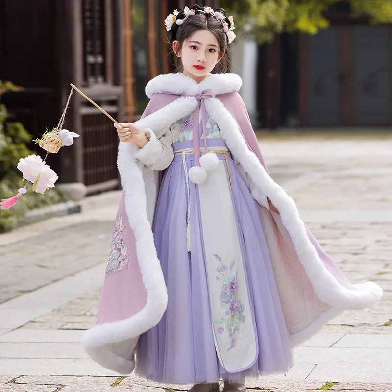 

Новый зимний теплый костюм ханьфу для девочек с плащом, детский костюм древней феи, стеганое платье, детский костюм Тан, китайская новогодняя одежда 2026 г.