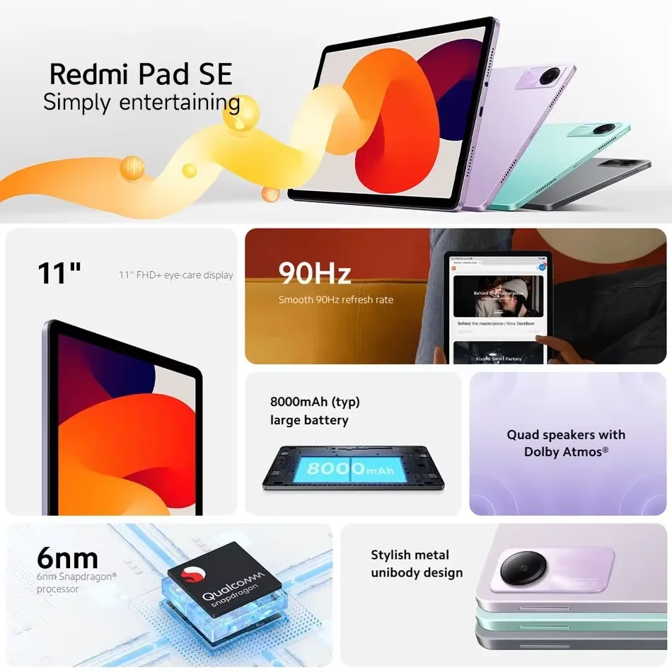 Xiaomi Redmi Pad SE wersja globalna 11 "FHD + 90 Hz wyświetlacz 128 GB 256 GB 8000 mAh bateria Snapdragon 680 Mi tablety 8MP CAM