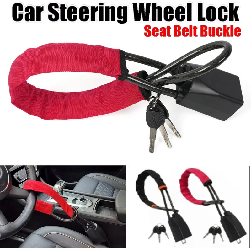 Car Steering Wheel Lock With Seat Belt Socket Steel Rope For Truck SUV Van RV With 3 Keys Universal Anti Theft Protection Device