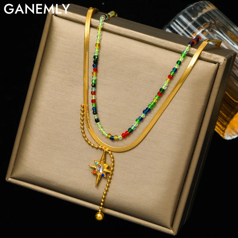 

GANEMLY 316L Stainless Steel Star Zirconia Pendant Necklace For Women New Trendy Double-layer Neck Chain Waterproof Jewelry Gift
