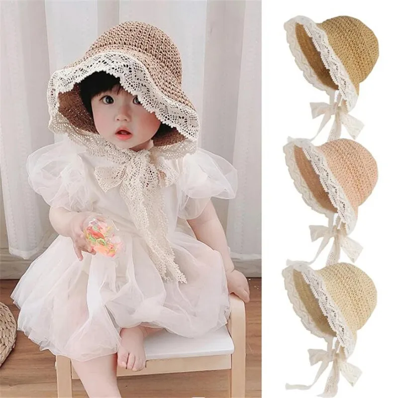 

Summer Baby Sun Hat Lace Straw Kids Bucket Hats for Girls Accessories Beach Travel Children Cap Princess Girl Hat