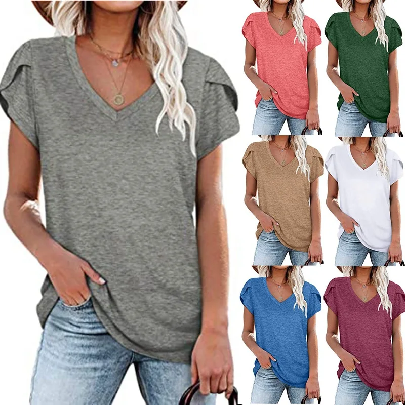 Women\'s Casual T-shirt Cotton Top 2024 Summer Solid Color V-neck Short Sleeved T-shirt Comfortable Top Футболка Женская Хлопок