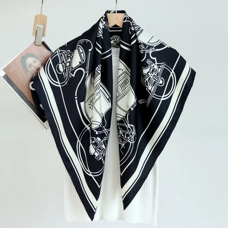 High-end Elegant Women's Exquisite Collection Seal Printed Quality 14MM Twill Silk Hand-rolled Edge Large Square Scarf Shawl