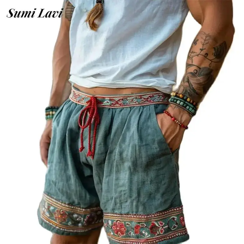 Vintage Boho Florals Print Mens Patchwork Shorts Summer Beach Breathable Loose Casual Shorts For Men Fashion Drawstring Shorts