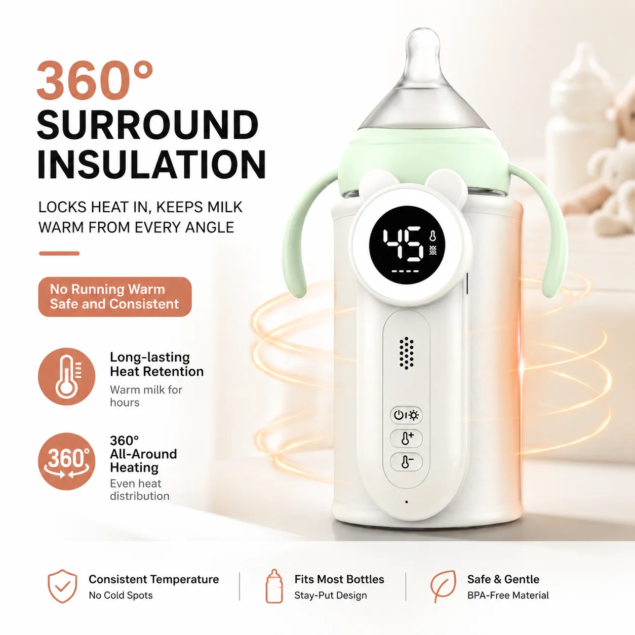 Portable Baby Bottle Warmer 8000mAh Rechargeable Wireless Milk Warmer Fast Heating 12-Level Temperature Control °C/°F for Travel