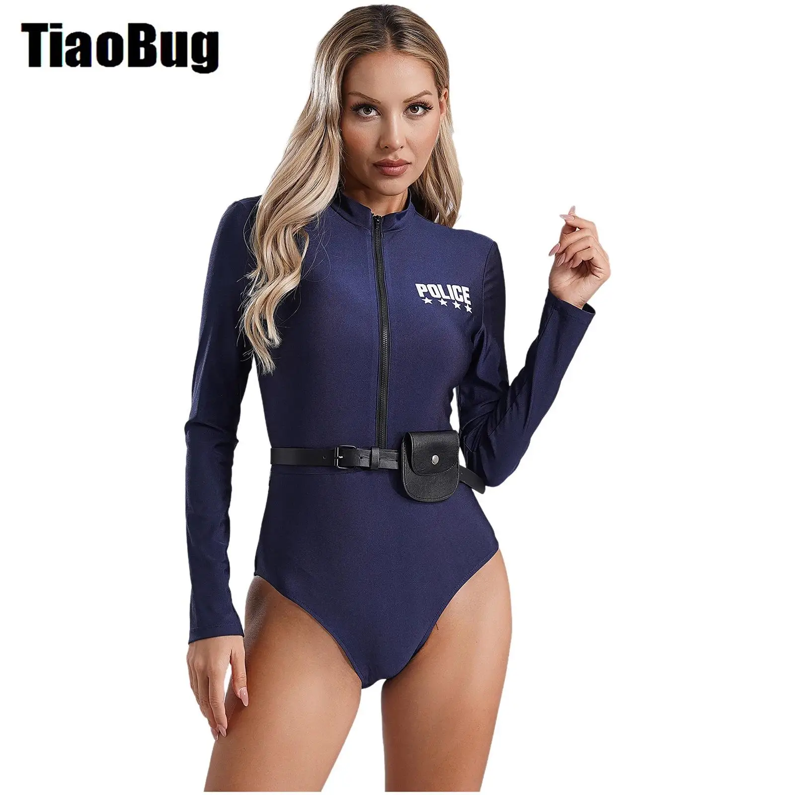 

Womens Police Uniform Suit Policewoman Dirty Cop Cosplay Costume Front Zipper Long Sleeve Print Bodysuit with Belt And Purse