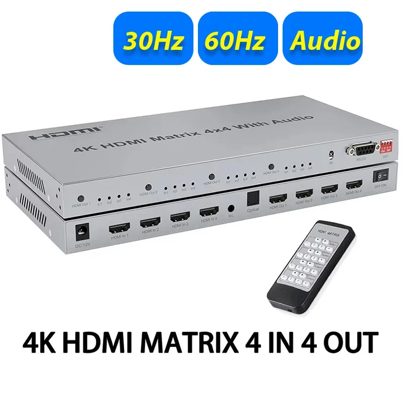 

4x4 HDMI Matrix Switch 4K 30Hz/60Hz HDMI Matrix Switch Splitter 4 in 4 out with Optical 3.5mm Audio Output Video Audio Converter