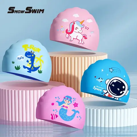 어린이 수영 모자 만화 실리콘 소년과 소녀 수영 장비 긴 머리 방수 귀 보호 귀여운 수영 모자