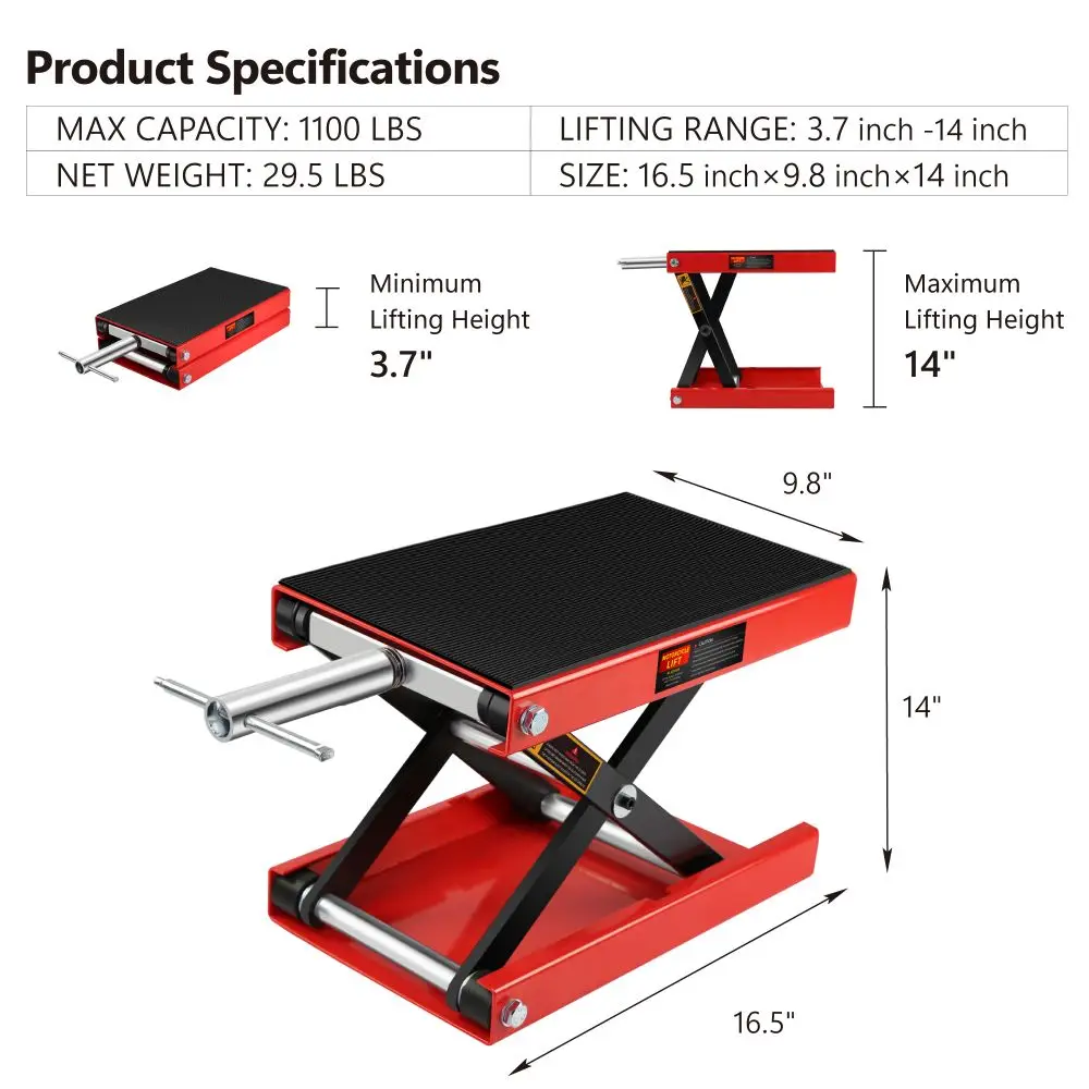 Aço Wide Deck Hoist Crank Stand Central, Elevador da motocicleta, Scissor Jack, 1100 LBS Capacidade, apto para motocicletas, ATVs, Dirt Bikes