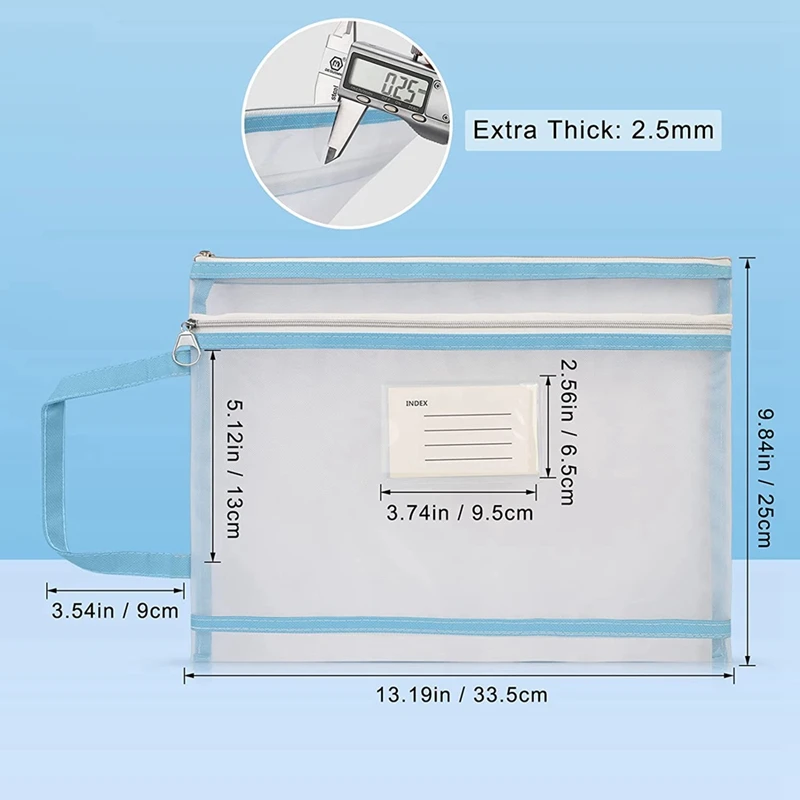 4Pcs Mesh Zipper Pouch Translucent A4 Document Bag Book File Folders A4 Mesh Zip Folder Blue