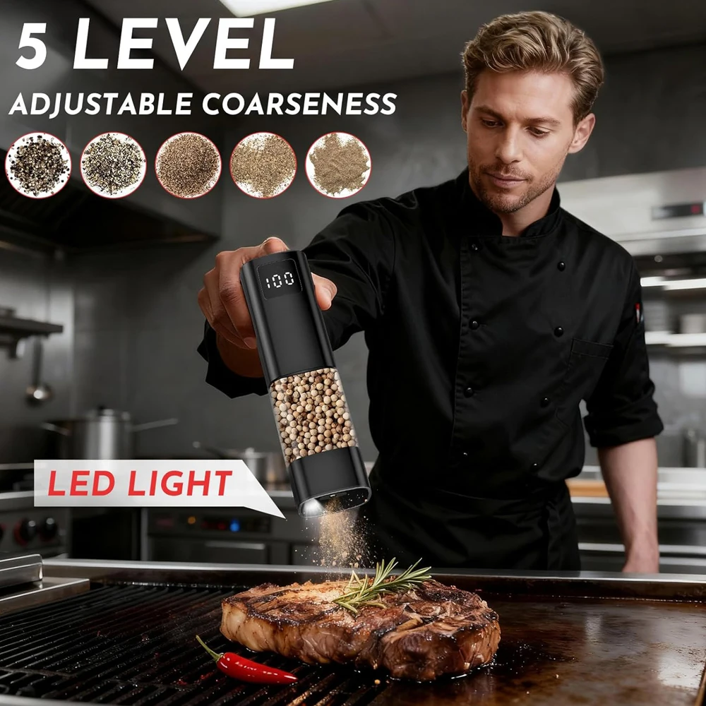 Electric Salt and Pepper Grinder Set Rechargeable with LED Display, Large Capacity Pepper Shakers with Ceramic Core,LED Light view 3