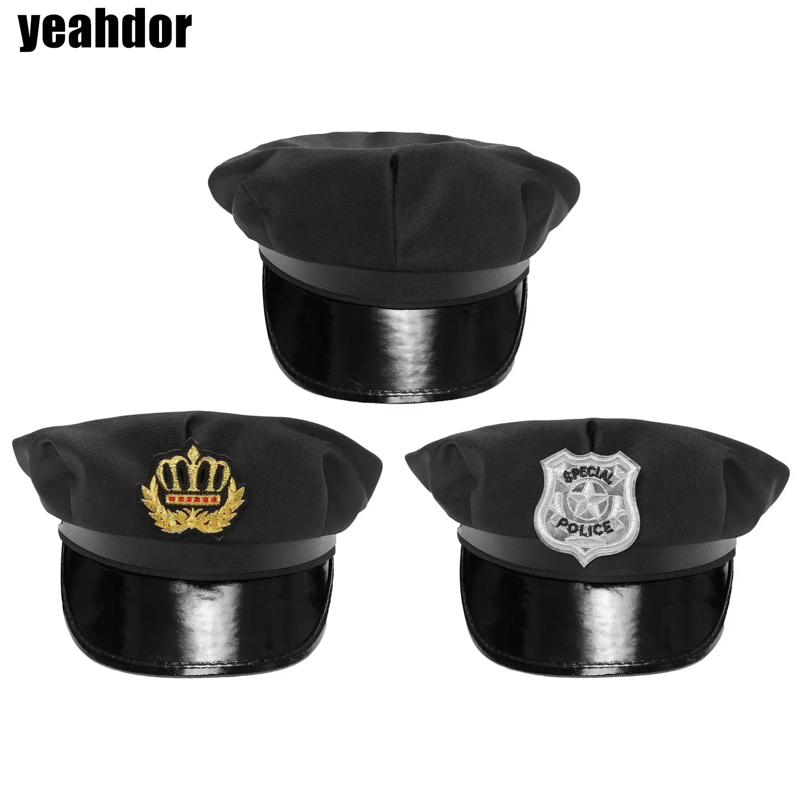 Halloween Role Play Police Hat Yacht Captain Hat with Badge Brooch Boat Skippers Hat Adjustable Flat Top Hat for Party