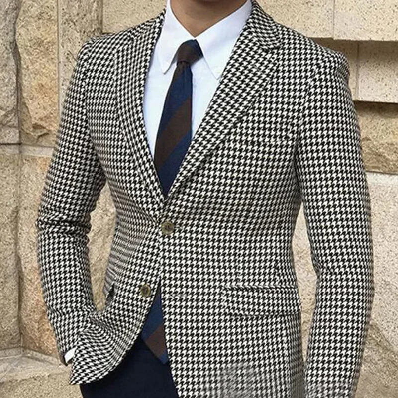 

Plaid Blazer for Men 2024 One Piece Houndstooth Suit Jacket with 2 Side Slit Slim Fit Casual Male Coat Fashion Ready to Ship