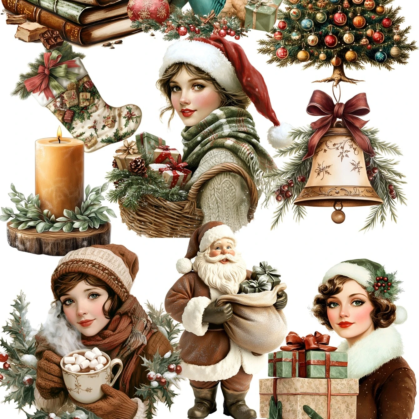 

1 набор милых винтажных рождественских зимних наклеек для девочек, декоративные наклейки для скрапбукинга, канцелярские товары для творчества, для журналов и блокнотов