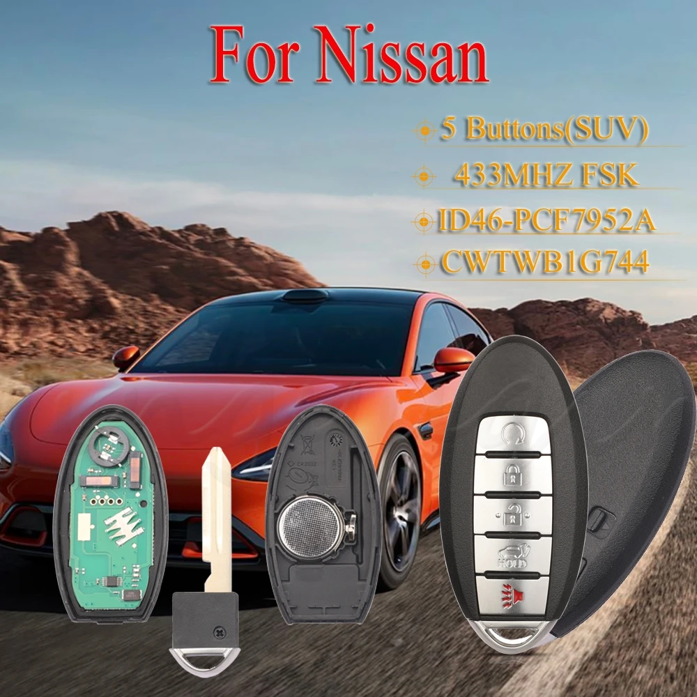 

Jingyuqin для Nissan Armada Patrol 2017-2020 внедорожник умный автомобильный брелок 5 кнопок 433 МГц ID46Chip fccid: CWTWB1G744 1788D-FWBIG744