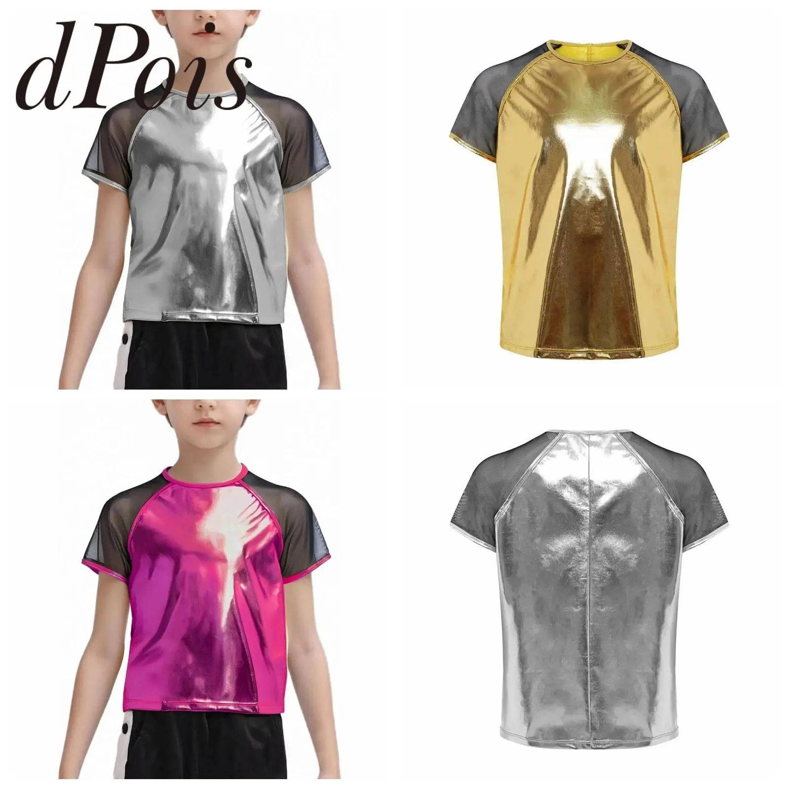 

Kids Metallic Hip Hop Costume Jazz Dance T-shirts Girls Boys Short Sleeves Top Disco Party Fshion Streetwear Children's Clothes