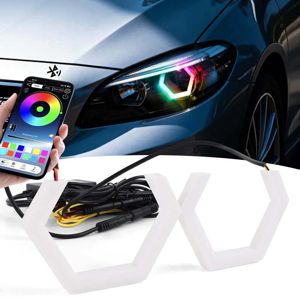 1Set 12/24V RGB Hexagon Angel Eyes Halo Rings Retrofit Headlight Car Motorcycle Switch DRL+Amber Turn Signal Light 70/80/85/90MM