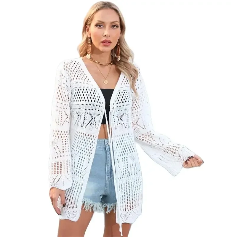 Women Cardigan Lace-up Long Sleeve Sun Protection Coverall Solid Color Hollow Out See-through Bikini Cover-ups Beach Blouse 2024