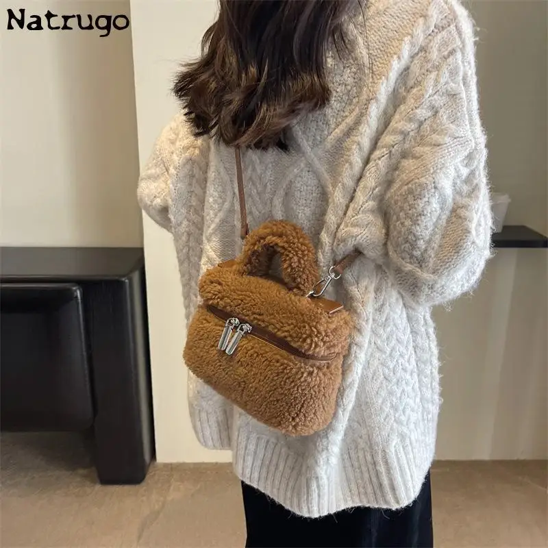 Winter Soft Plush Women\'s Small Shoulder Bag Faux Lamb Wool Ladies Bucket Crossbody Bags Cute Female Phone Pouch Purse Handbags