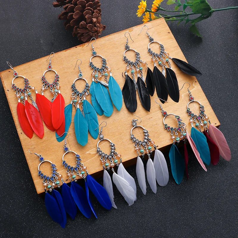 Bohemian color diamond-encrusted long earrings, red fringed feathers, exaggerated earrings, vacation accessories, cross-border s