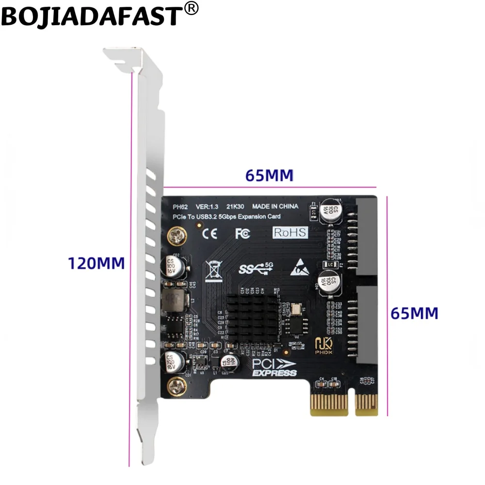 PCIe X1 PCI-E 1X to 2 * USB 3.2 19PIN Connector Expansion Adapter Card 5Gbps VL805 Chip for Desktop Front Panel