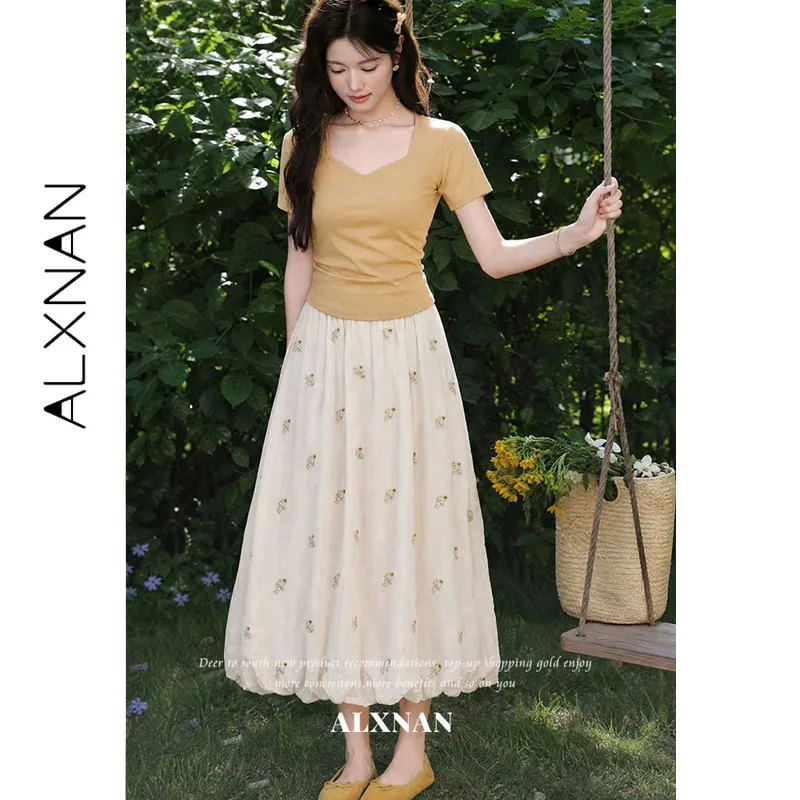 ALXNAN Women's Floral Embroidery Midi Skirt Summer High Waist Bud Skirt 2026 Summer Elegant Fashion Long Skirts Ladies L66263A