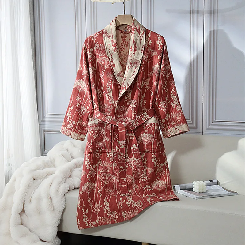 New 100% Cotton Night Women's Robe New Loose Lounge Autumn Winter Men Sleepwear Bathrobe Couple's Shower Wear Kimono Homewear