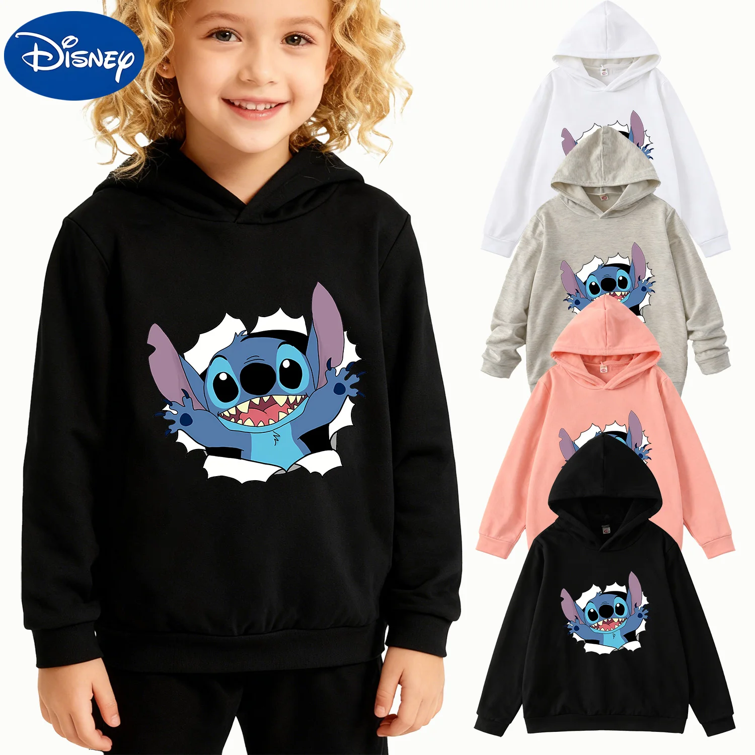 

Детская толстовка с рисунком из рваной бумаги Disney Stitch, черный повседневный пуловер
