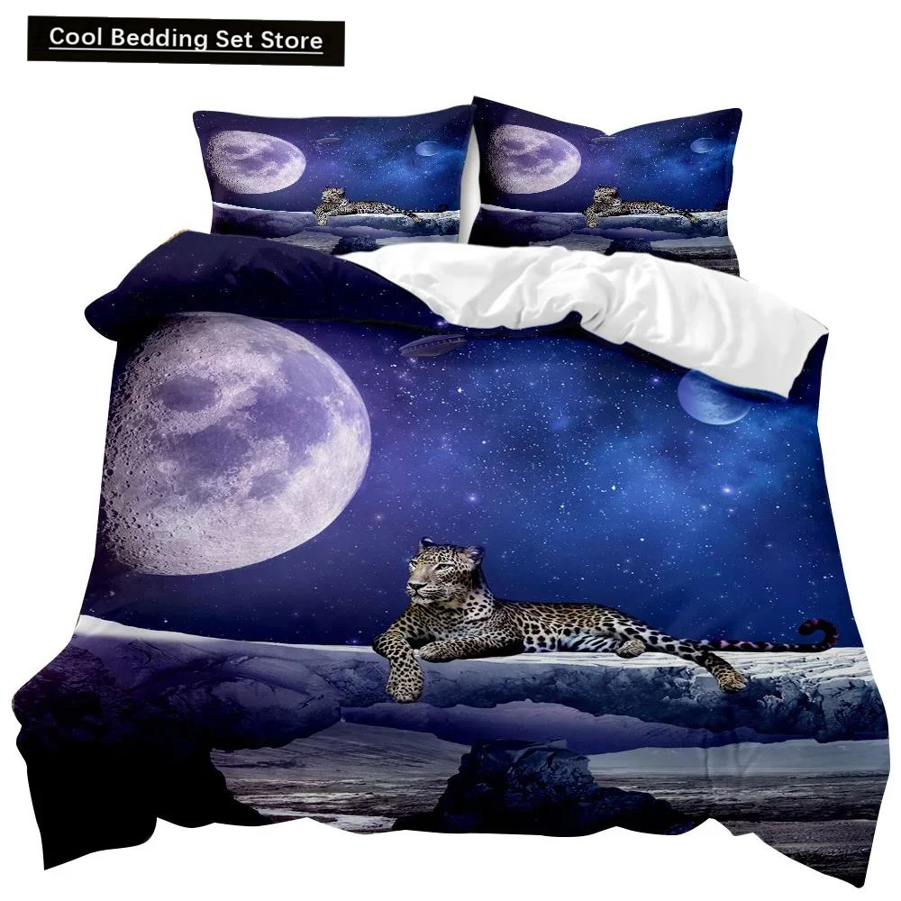 Leopard Duvet Cover Set Fierce Cheetah Bedding Set Moon Viewing Wild Animal Printed Double Queen King Size Polyester Quilt Cover