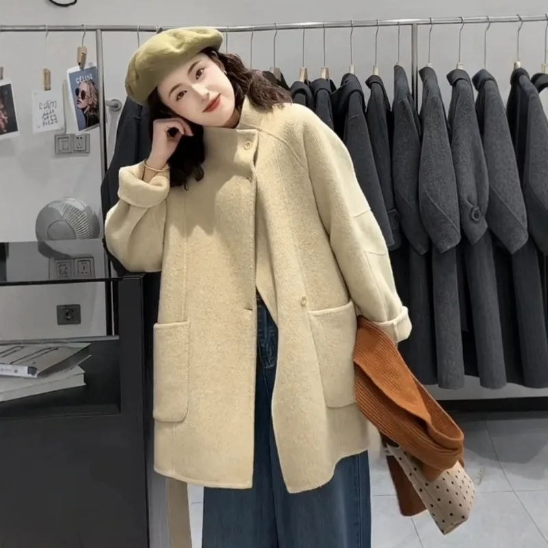 

Solid Color Stand-up Collar Single-breasted High-end Double-sided Woolen Cashmere Coat Women's Wool Woolen Loose Autumn Winter
