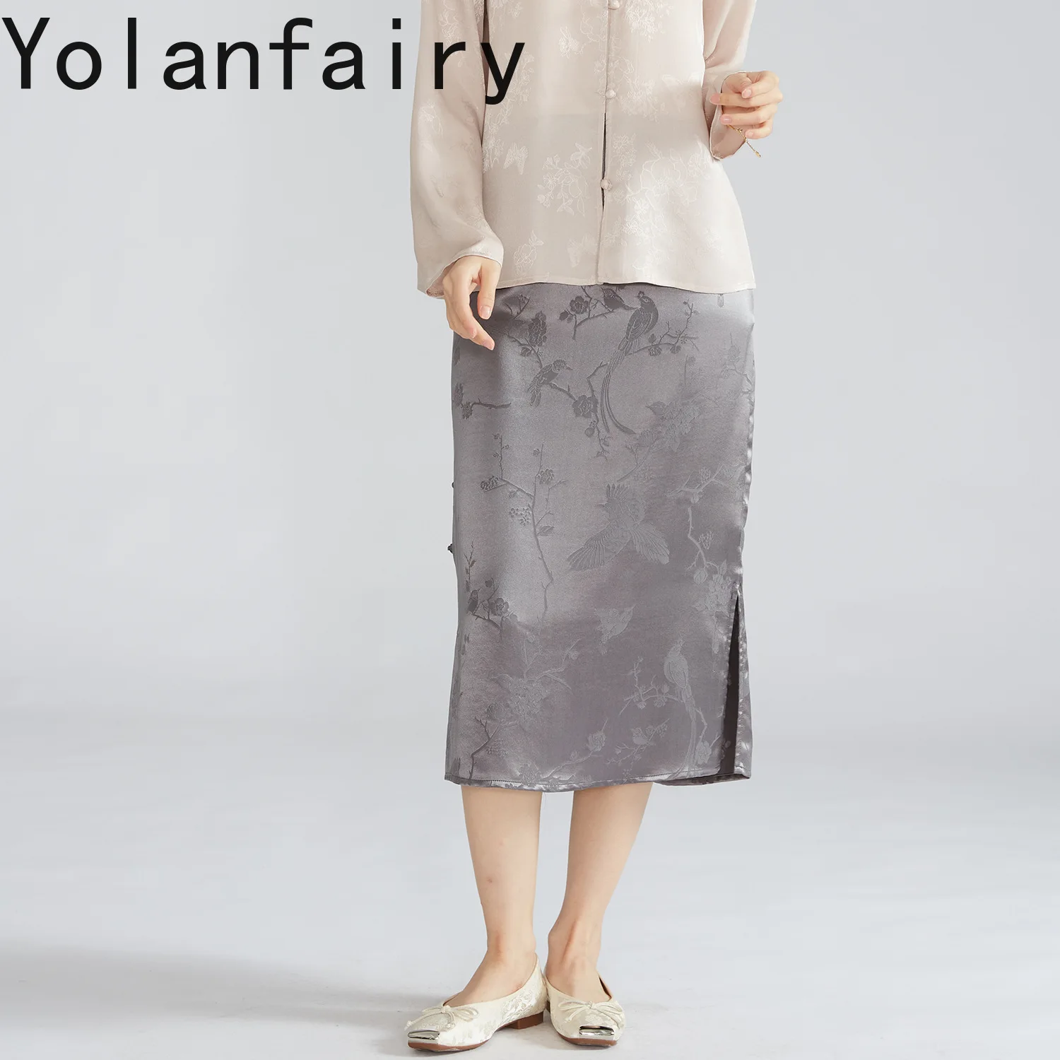 YOLANFAIRY 35 Momme 100% Mulberry Silk Skirt for Women Elegant Midi Skirts Heavy Jacquard Silk Satin Half Elastic Waist Skirts