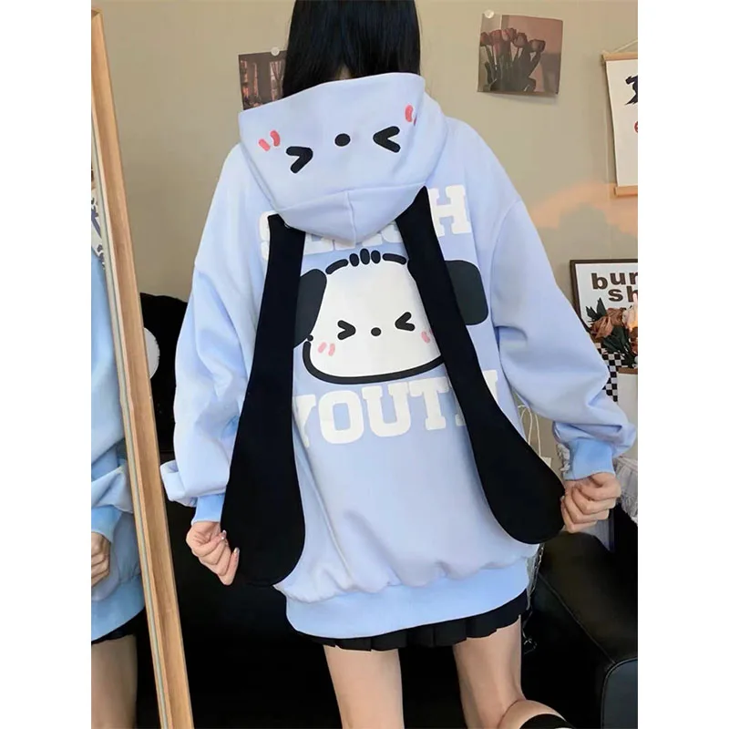 Kawaii Pochacco Hooded Coat Women Cartoon Sanrio Sweatshirt Jacket Fashion Sweet Girl Loose zipper Coat Top Anime Birthday Gift