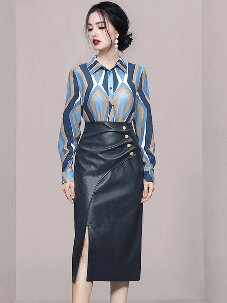 

Женский модный офисный костюм OL, рубашка с длинным рукавом с геометрическим узором + облегающие юбки-миди из искусственной кожи с высокой талией, женские комплекты из 2 предметов