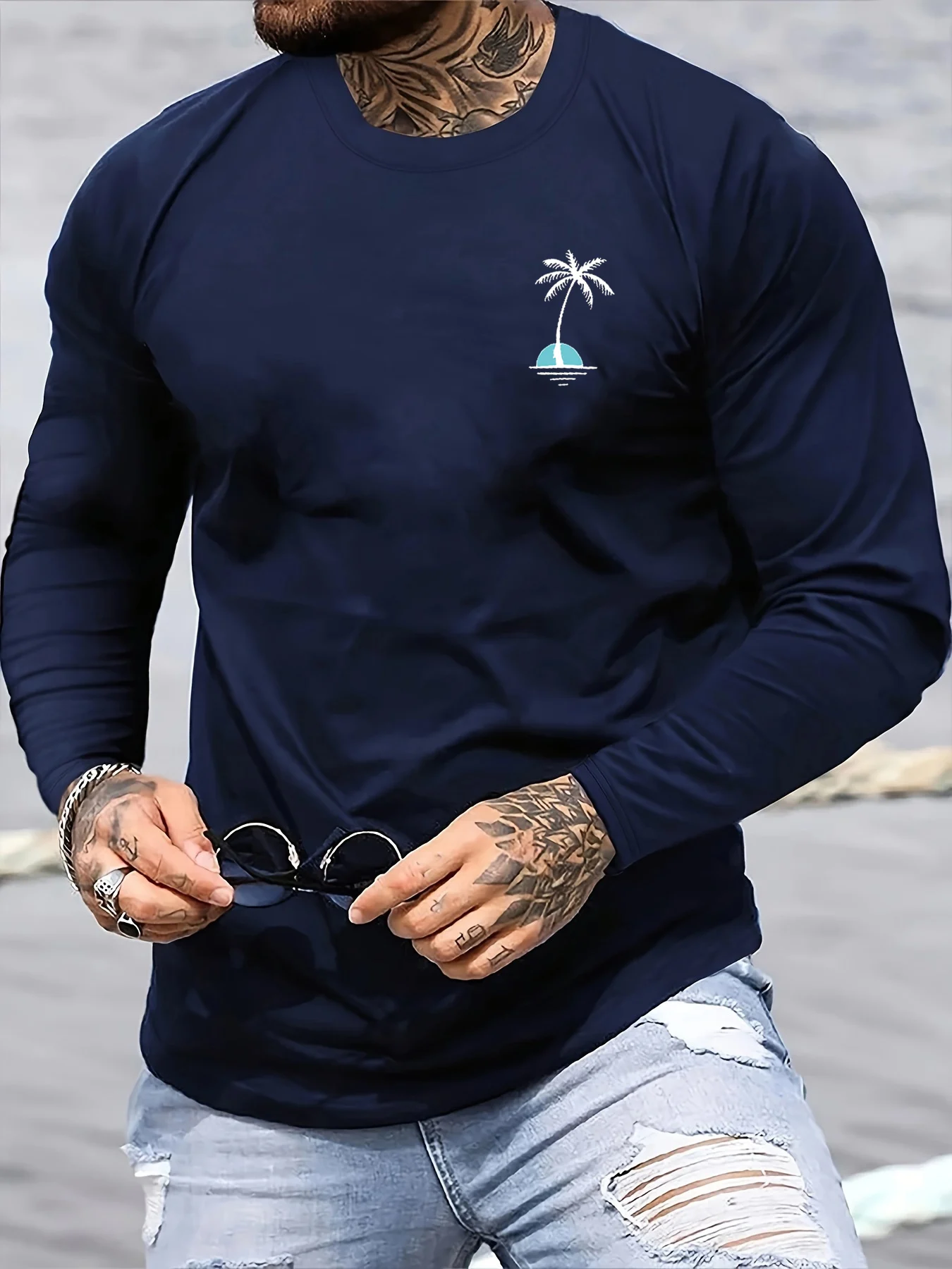 100% pure cotton men's long sleeved round neck loose casual coconut tree print spring and autumn versatile T-shirt top