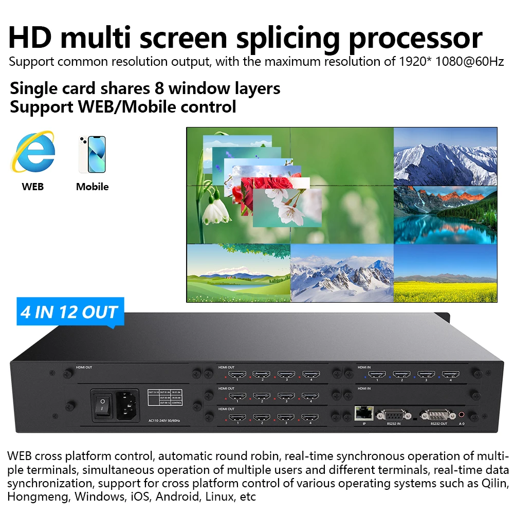 

TV Video Wall Processor HD Controller 4x12 HDCP1920x1080P60Hz 4 Input 12 Out HDMI Matrix Switcher Splicer Window WEB/RS232 Contr