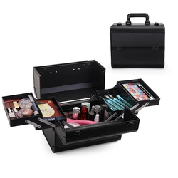 Professional Large Makeup Train Case 4 Trays Cosmetic Cases, Large Makeup Storage Organizer Box with Lock Aluminum Frame