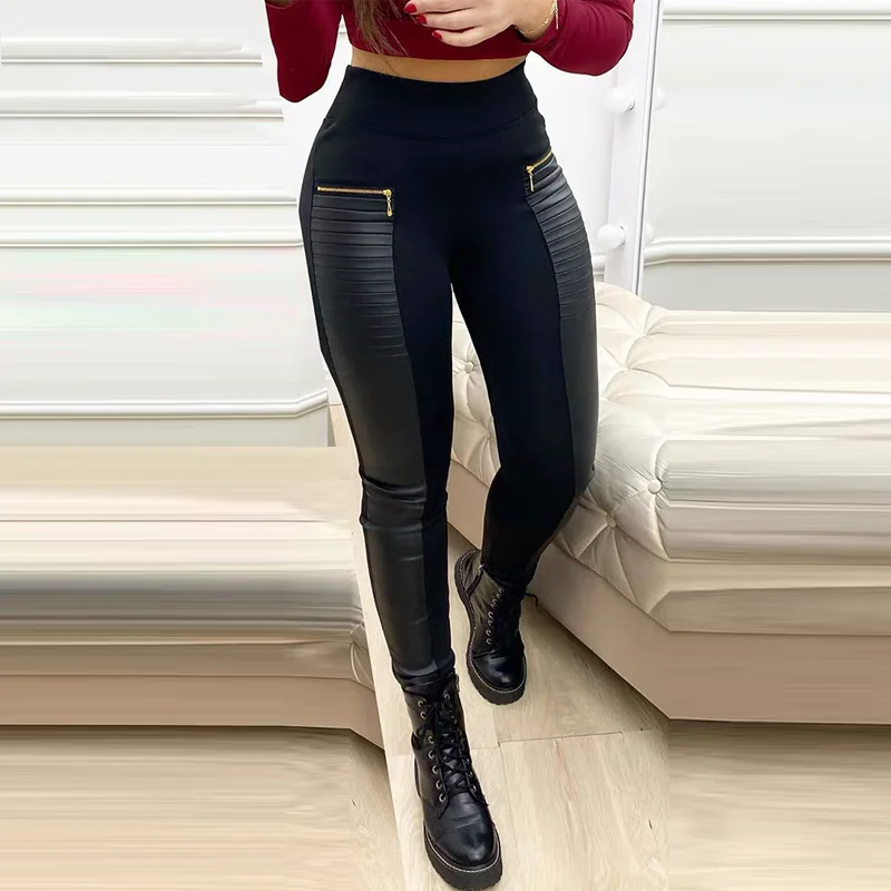 High Quali Bla Faux Leather Pencil Pants Women's Cross-Border Slim Fit Long Trousers Polyester Fiber 00% Regular Thin