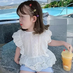 Children's Fashionable Sweet Korean Style Summer Girls Top Bottoming Shirt Short Sleeves Hollowed-out Hem Design Clothing