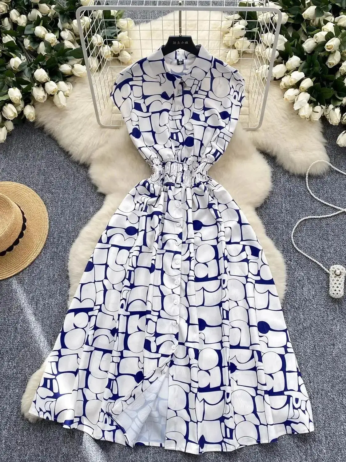 2025 Summer Women Geometry Print Shirt Dress French Casual Turn Down Collar Short Sleeve Elastic Waist A Line Party Vestidos