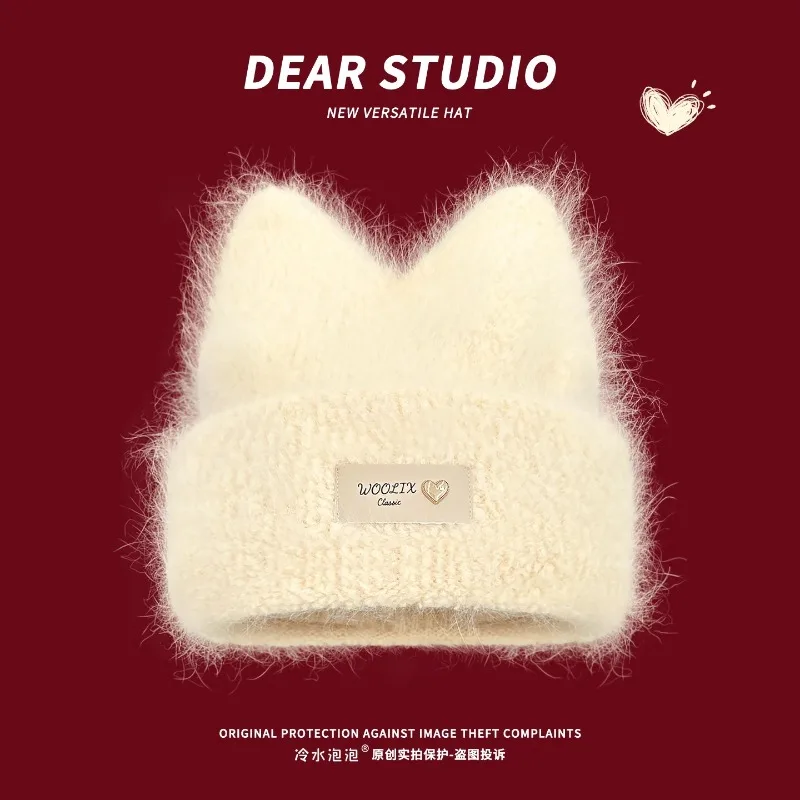 

Ins милые кошачьи уши плюшевые вязаные шапочки из кроличьей шерсти для женщин осень-зима для путешествий теплая универсальная маленькая пуловерная шапка для показа лица