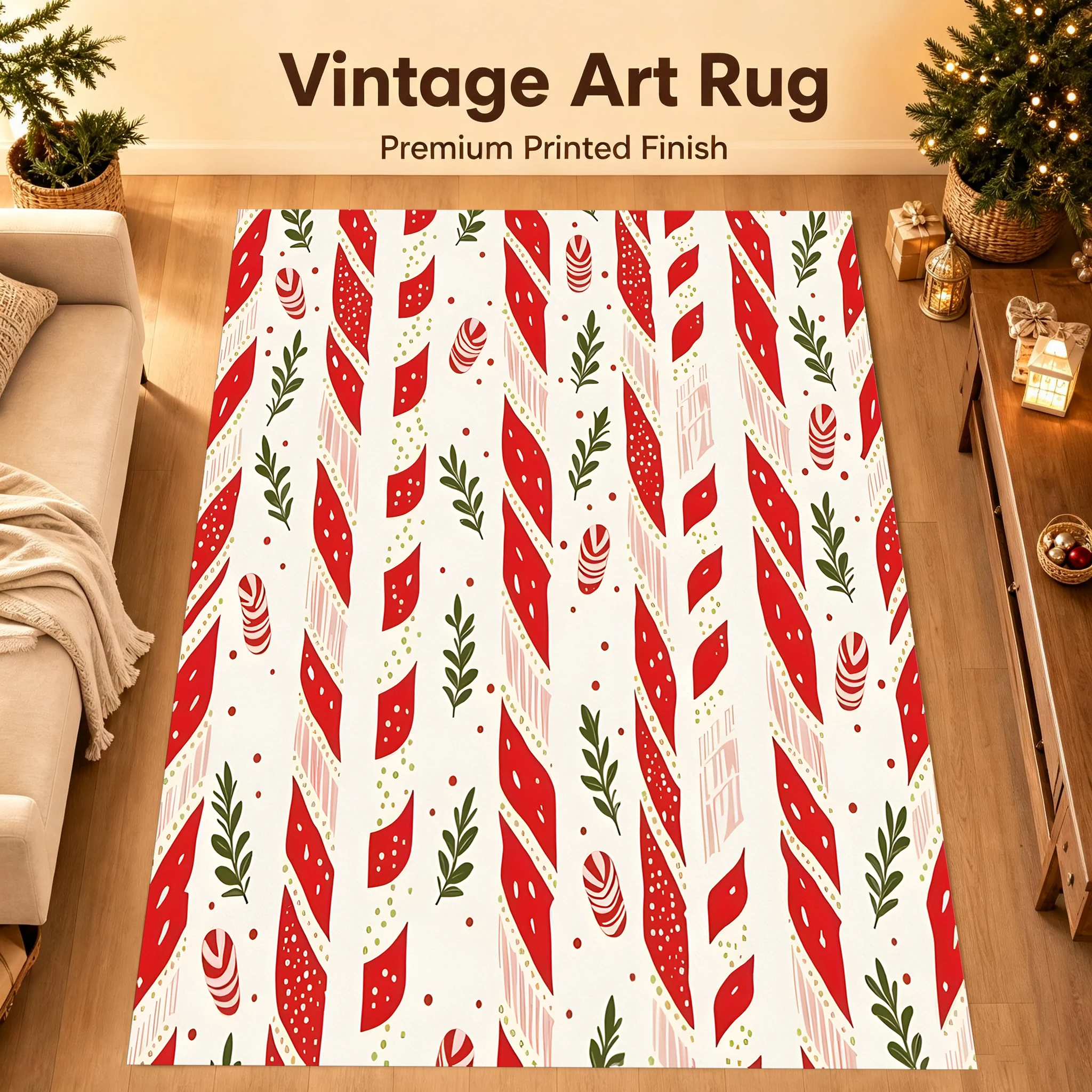 Velvet Rug Red White Striped Candy Cane Pine Branch Print Sweet Festive Style for Living Room Bedroom Entryway Home Decor