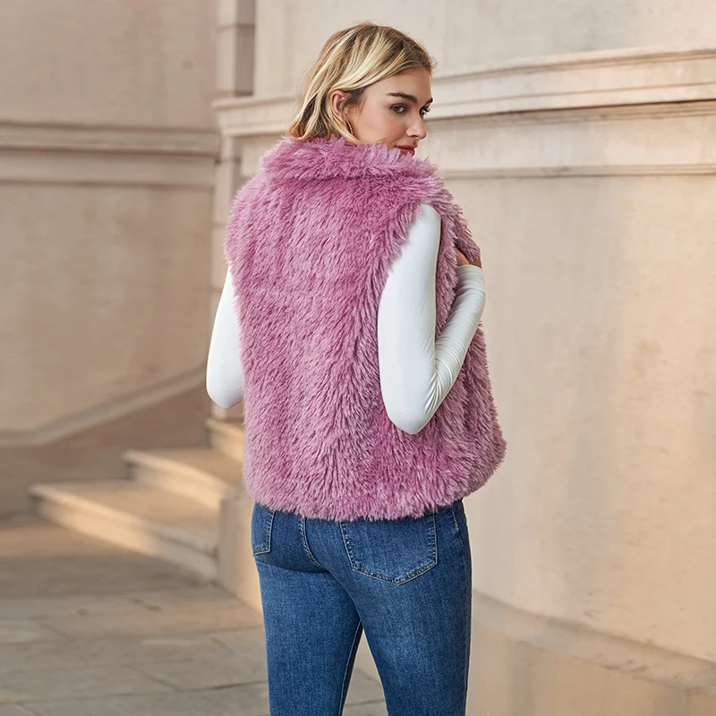 Damska pluszowa kamizelka/płaszcz na jesień i zimę, nowa, jednolita, bez rękawów, z kołnierzykiem, otwartym szwem, modna, odmładzająca, futrzana.