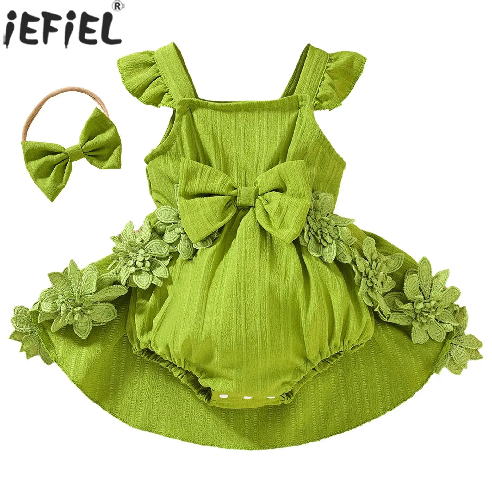 

Infant Girl Sweet Cute Romper Baptism Birthday Wedding Party Princess Dress Fly Sleeve Bow Flower Skirted Bodysuit with Headband