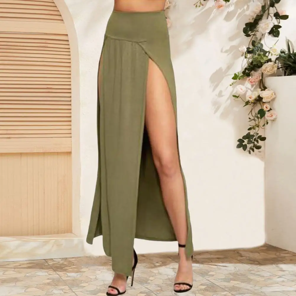Boho Sexy Floor Length Maxi Skirt Women High Waist Side Slit Solid Color Slimming Skirt Beach Party Travel Casual Wear